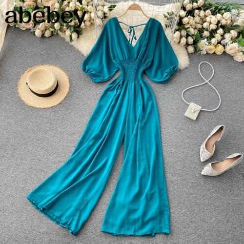 Women Solid Rompers Korean V Neck Backless Puff Sleeve Jumpsuits 2021 Summer Chic Elastic Ruched Wide Leg Rompers