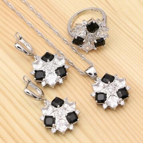 Silver 925 Punk Jewelry Sets For Women Party Accessories Black White Cubic Zirconia Pendant Necklace Ring Earrings