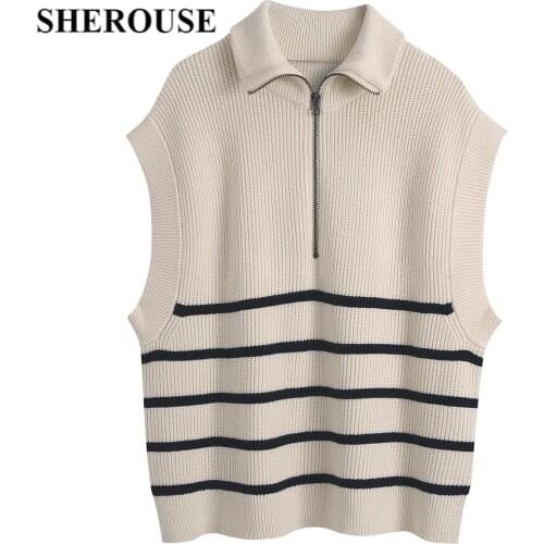SHEROUSE Women Casual Knitted Striped Tank Top Front Zipper High Neck Sleeveless Vintage Woman Sweater Vest Chic Tops