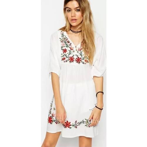 TEELYNN mini Boho dress for women white floral Embroidery cotton dresses Casual loose a-line dress Hippie dress Gypsy vestido