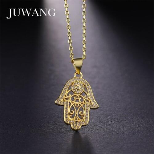 JUWANG Wholesale 3 Colors Hamsa Hand Evil Eye Pendant Necklace Accessories For Women Cubic Zirconia Copper Necklace Jewelry Gift