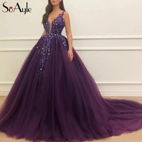 SoAyle Ball Gown V-Neck Tulle Beading Prom Dresses Long Algerian Evening Party Gowns Purple Vestidos
