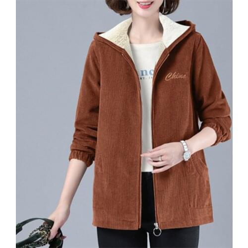 Zoki Warm Women Corduroy Coat Winter Thick Vintage Plus Size Pocket Zipper Female Jacket Hooded Loose Long Sleeve Lady Clothes