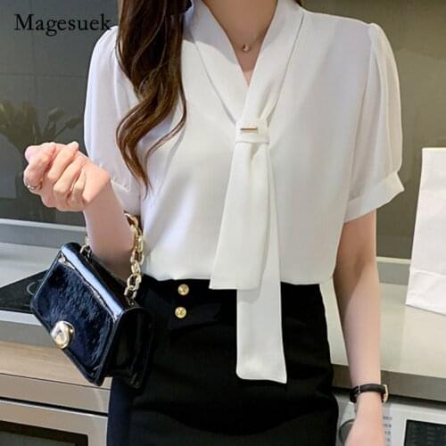 2021 Summer Chiffon Blouse V Neck Short Sleeve Female Clothing with Tie Women Fashion White Women Shirts Blusas Mujer 15063