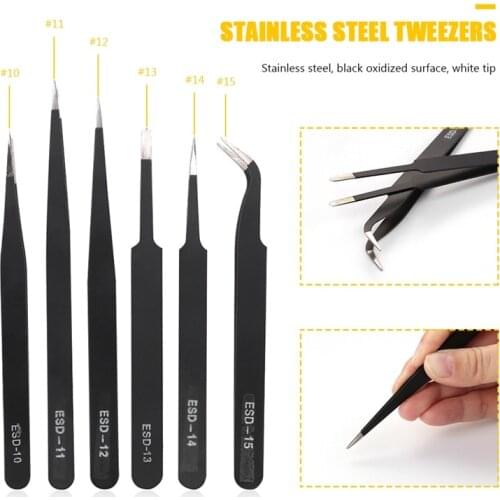 6pcs/set ESD Curved Fine-Tip Anti-static Tweezers Set Stainless Steel Multifunction Tweezer Repairing Hand Tools For Card Making