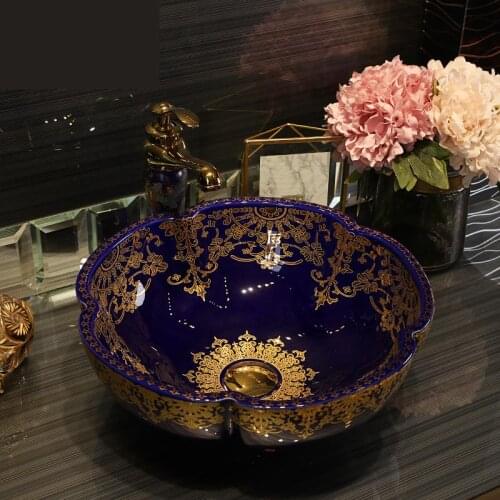 Jingdezhen Ceramic Art Basin Washbasin European Style Blue color Golden pattern bathroom sinks ceramic wash basin flower shape
