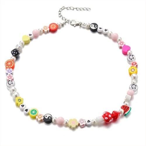 90s Aesthetic Pearl Heart Mushroom Yin Yang Smiley Necklace for Women Rainbow Bead Vintage Fashion Flower Necklace Y2K Jewelry