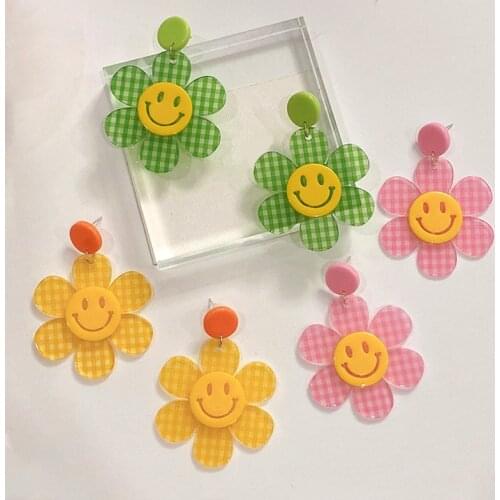 Harajuku Rainbow Plaid Smiley Earrings for Women Acrylic Vintage Fashion Cute Earrings Charms Y2k Jewelry 90s Aesthetic Gift New