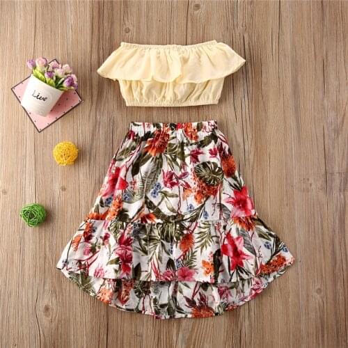 2020 Fashion Toddler Kids Baby Girl Clothes Off Shoulder Ruffle Tops Boho Floral Print Skirt 2Pcs Outfits Summer Clothes