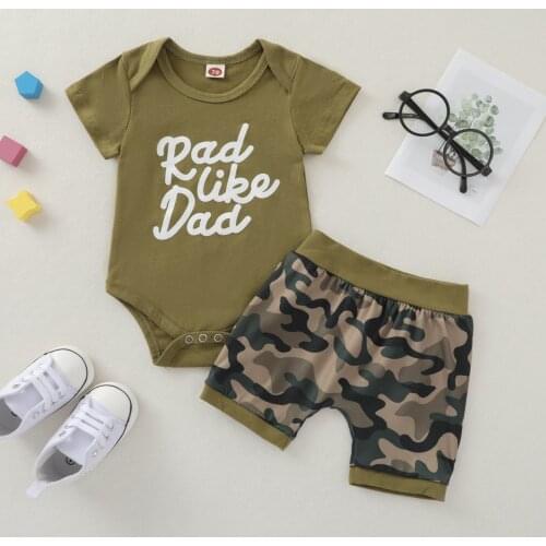 Summer Baby Boys Clothes Set Letter Print Short Sleeve O-neck Romper + Elastic Waist Camouflage Short Pants