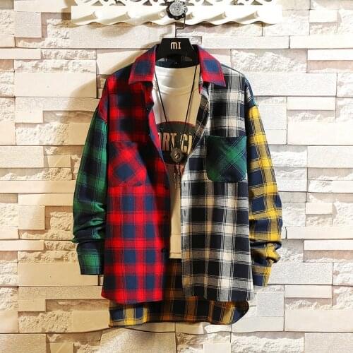 Personality Korean version of the trend of color matching plaid shirt mens casual hip hop loose long-sleeved shirt 5XL