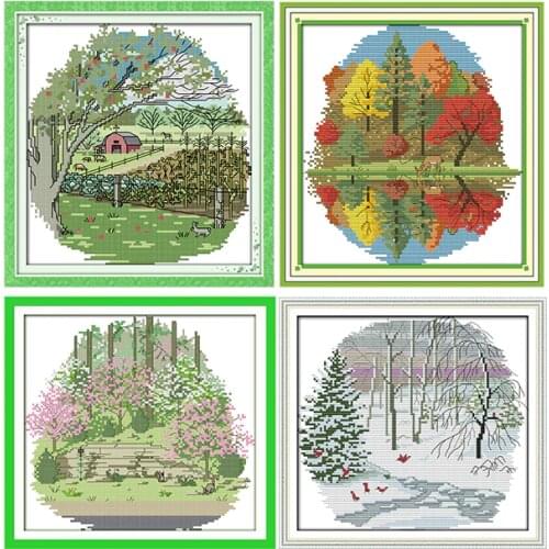 Joy Sunday Suburban Four Seasons Scenery Painting 11CT 14CT DMS Cross Stitch Pattern DIY Needlework Sets Home Decoration Kits