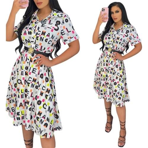 HHDMV 2021 New Women Fashion Street Casual Style Long Dress Short Sleeve Lapel Single Breasted Printed Mid Long Shirt Dress