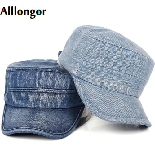 2020 New Denim Flat Top Military Cap Women Men Snapback Caps Vintage Army Hat Adjustable Patrol Cap Unisex Baseball Hats