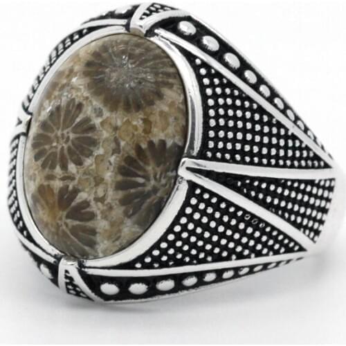 New Arrival 925 Sterling Silver Mens Rings Oval Natural Coral Gemstone Ring Vintage Turkish Thai Silver Jewelry Gift for Male