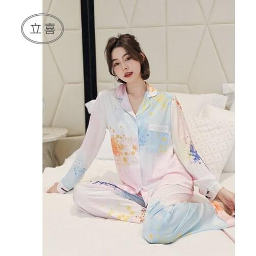 Women Pajamas Comfortable Ink painting Long Sleeve Sleepwear High Quality Fashion New Home Wear Women Ice silk Hot Sale Pajamas