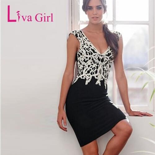 Liva Girl Sexy V Neck Lace Pencil Party Dress For Women Plus Size Spring Black White Patchwork Office Dresses Large Vestidos 3XL
