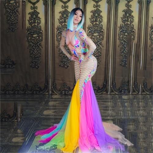 Sexy Colorful Mesh Tail Dress Stage Wear Big Stretch One-Piece Long Dresses Singer Evening Performance Show Dancewear Suit DT550