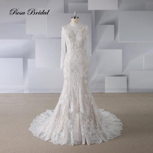 Rosabridal Mermaid Wedding dress high neck princess gown with long sleeves bridal gown