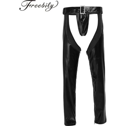 Open Crotch Men Sexy Wetlook Leather Lingerie Exotic Pants PU Leggins Latex Catsuit PVC Clubwear Costume Gay Fetish Trousers