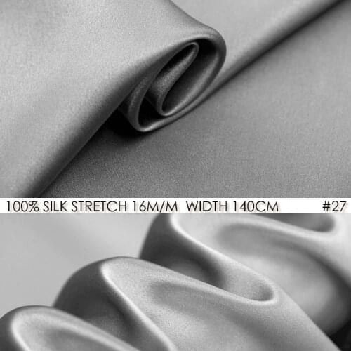 SILK STRETCH SATIN 140cm width 16momme Pure Silk Fabric+Spandex Stretch Fabric Silk Dress Sewing Fabrics Silver Grey NO 27