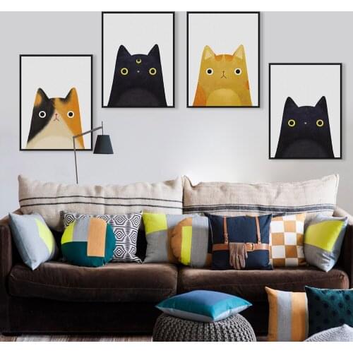 Modern Cartoon Animal Art Poster Cute Cat Head Portrait Print Canvas Painting Picture Decor Home Childrens Room Mural Frameless