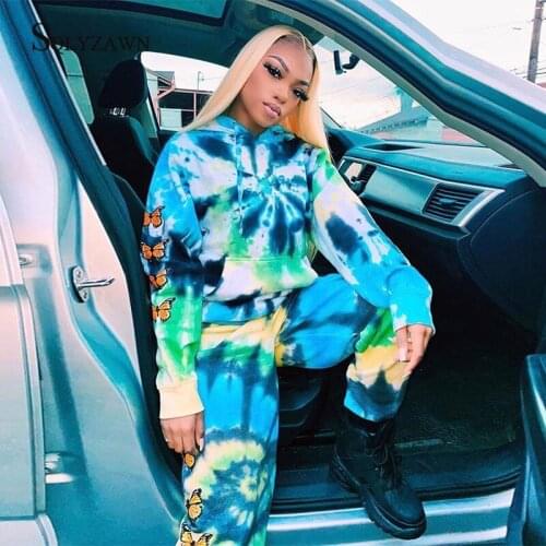Butterfly Printed Tie Dye Casual Long Trousers Two Piece Tracksuit Autum Hooded Sweatshirt Casual Loose Colorful 2 Piece Outfits