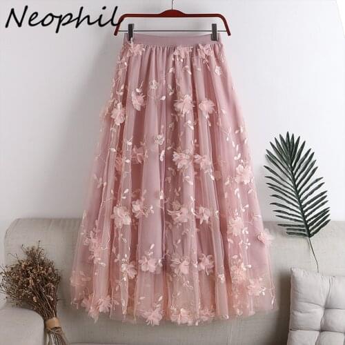Neophil Vintage Floral Embroideried High Waist Mesh Skirts Women 2021 Summer Retro Ball Gown Tulle Midi Skirt Jupe Femme S21629