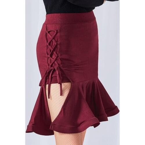Latin Dance Skirts Womens Dance Clothes Wine Red Rumba Vestido Flecos Rumba Latino Dance Dress Practice Wear Dance Skirt BI554