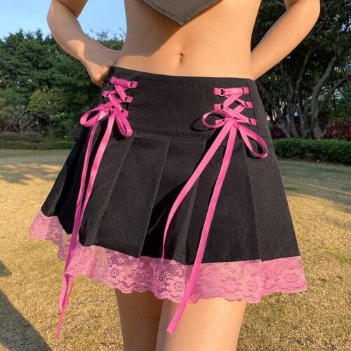High Waist Skirt Mini Woman Goth Skirts Harajuku Gothic Dark Academia Lace Trim Pleated Skirt Vintage Y2K Tie Up 90s Skirt