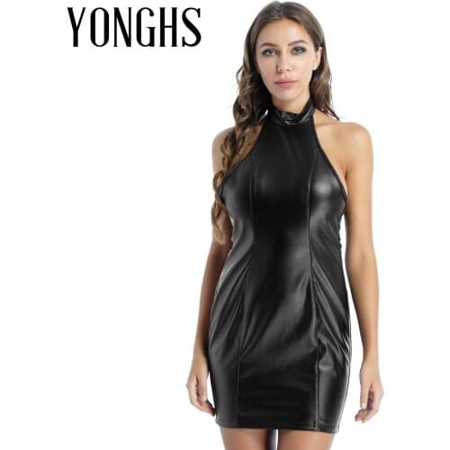 Womens Pole Dace Rave Party Outfit PU Leather Dress Halter Neck Lace-up Back Open Butt Dresses Sleeveless Backless Romper Dress