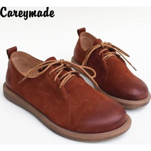 Careaymade-Top layer cow leather original light retro round head flat thick sole board shoes,Womens breathable single shoes