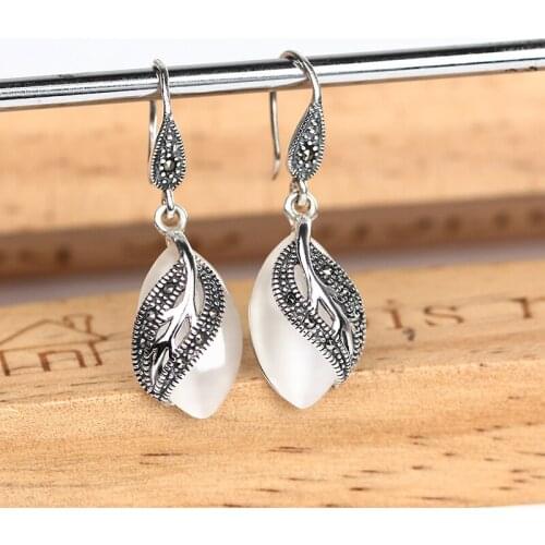 ZHJIASHUN Retro 100% 925 Sterling Silver White Opal Drop Earrings For Women Vintage Natural Gemstones Silver Jewelry Female