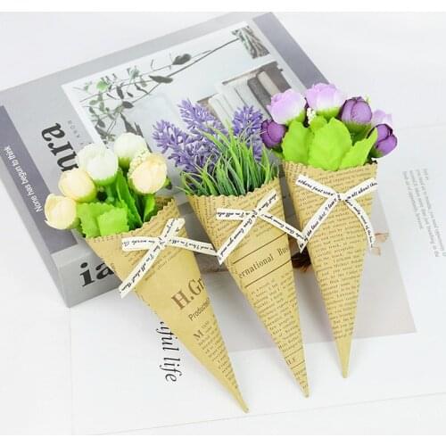 3pcs Small Silk Artificial Flower With Kraft Paper Wrapping Cones Holder Bouquet For Wedding Party Home Decor Fake Floral Gifts