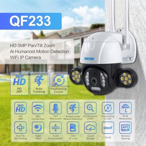 ESCAM QF233 3MP Strong Full Color 4X Zoom Wireless PTZ IP Camera AI Humanoid Onvif Motion Detection Home Security CCTV Monitor