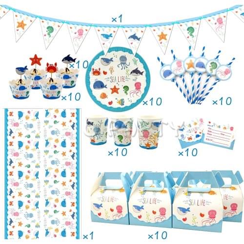 72Pcs for 10kids Sea Life Marine Animals theme birthday party supplies tableware set, plate+straw+glass+candybox+invitations ect