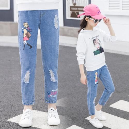 Girls Teen Pencil Pants 2021 New Spring Cartoon Pattern With Ripped Jeans Childrens Kids High Quality Student Trousers 4-14Yrs