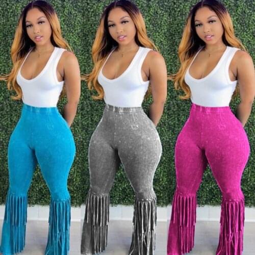 Echoine Elastic Hight Waist Pants Stretch Tie Dye Print Flare Pants Skinny Bodycon Tassel Sexy Trousers Autumn Party Clubwear