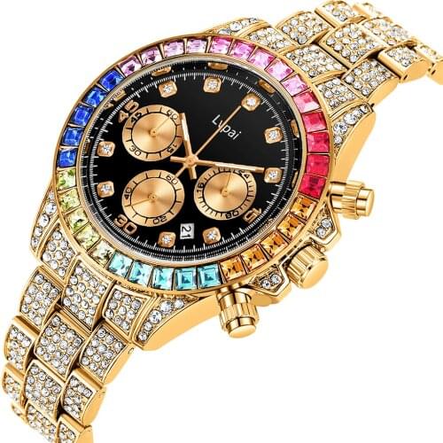 Rhinestone Watch Women Men Luxury Full Micro Pave Iced Out Colorful stones Cubic Zirconia Stainless Steel 3 Eyes Watches Men