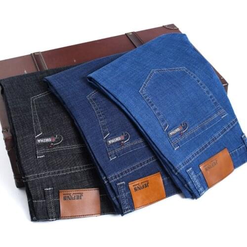 Plus Size 44 46 thin Mens black blue Jeans 2021 Classic Loose elastic Trousers Business Casual Denim Pants Brand Mens Clothes