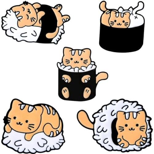 Cat Sushi Rice Ball Enamel Pins Custom Cute Animals Japanese Foods Brooch Lapel Badge Bag Cartoon Jewelry Gift For Kid Friend