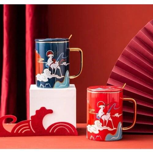 Coffee Mug Ceramic Tea Cup With Spoon and Lid 450ML Chinese Style Creativity Personality Pattern Home Couple Personal Office Cup
