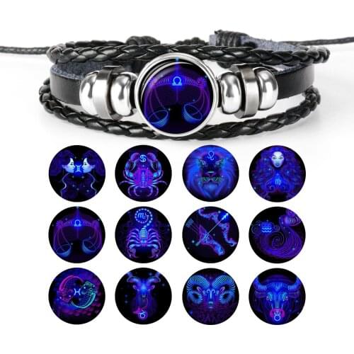 12 Constellation Zodiac Black Handmade Braided Leather Bracelet Round Glass Glow in the dark Woven Punk Men Bracelet Jewelry