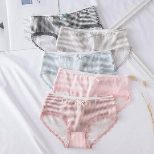 Hot Sale Japanese Style Cotton Striped Print Lace Bow Briefs Fashion Cute Plus Size Thin Breathable Seamless Panties For Women