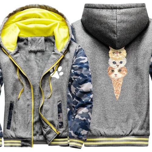 Ice Cream Cat Camouflage Raglan Thicken Jackets For Mens Keep Warm Wool Liner Male Clothing And Hooded Casual Fashion Tracksuits
