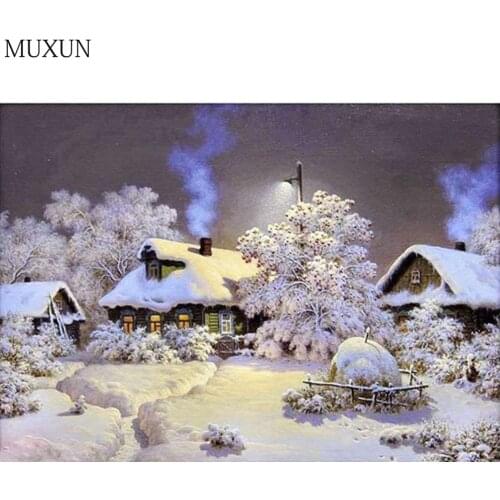 MUXUN Winter diamond embroidery snow 5D diamond painting landscape house smoke mosaic cross stitch rhinestone craft kits A80152