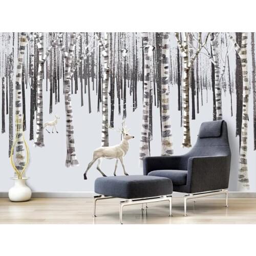 Snow Deer Birch Tree Wall Mural 3D Photo Wall Paper Art Wall Decor Painting for Living Room Landscape ELK Contact Paper Custom