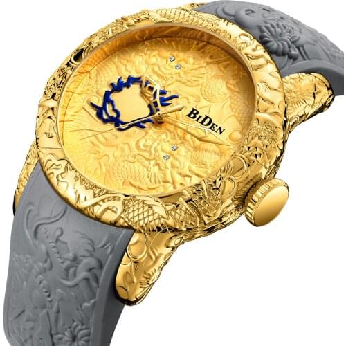 New Fashion Sculpture Dragon Mens Quartz Watches Brand BIDEN Gold Mechanical Watch Men Exquisite Relief Creative Clock Relogio