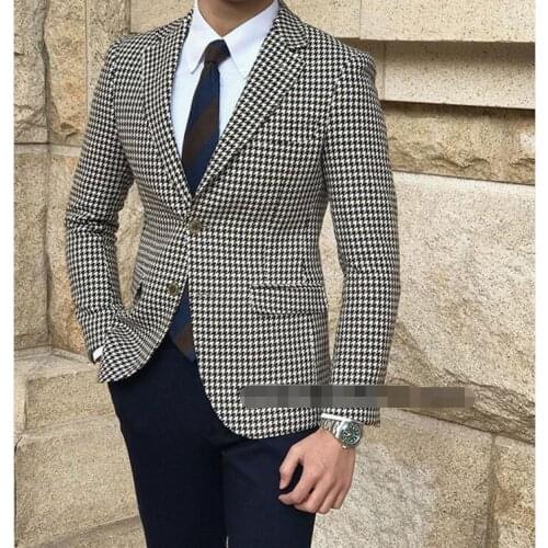 New Arrival Groomsmen Houndstooth Groom Tuxedos Notch Lapel Men Suits 2 Pieces Wedding Best Man ( Jacket+Pants+Tie ) C614