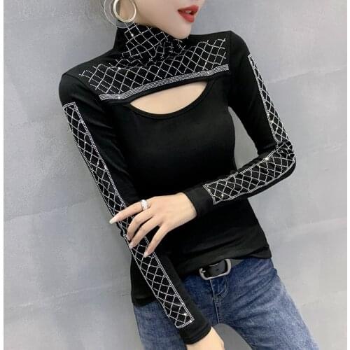 Autumn and winter new Women t-shirts high-necked fashion hollow out diamond-studded bottoming shirt Black woman tshirts